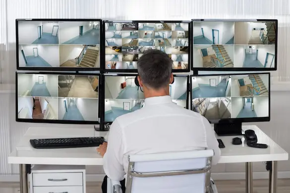 Operator monitoring surveillance footage in a compact security control room with multiple CCTV and security system screens