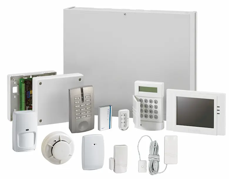 Complete intrusion detection system components including control panel, LCD keypad, sensors, motion detectors, and alarm sirens for full security coverage.