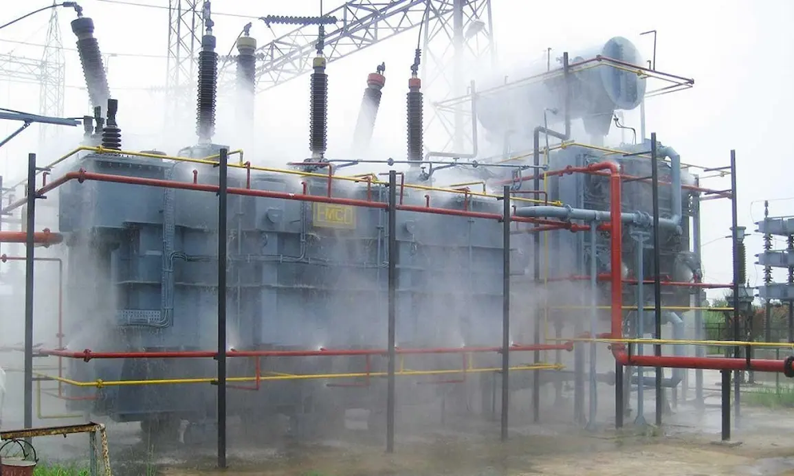 Active water-based fire suppression system spraying water to control and extinguish fire in protected area