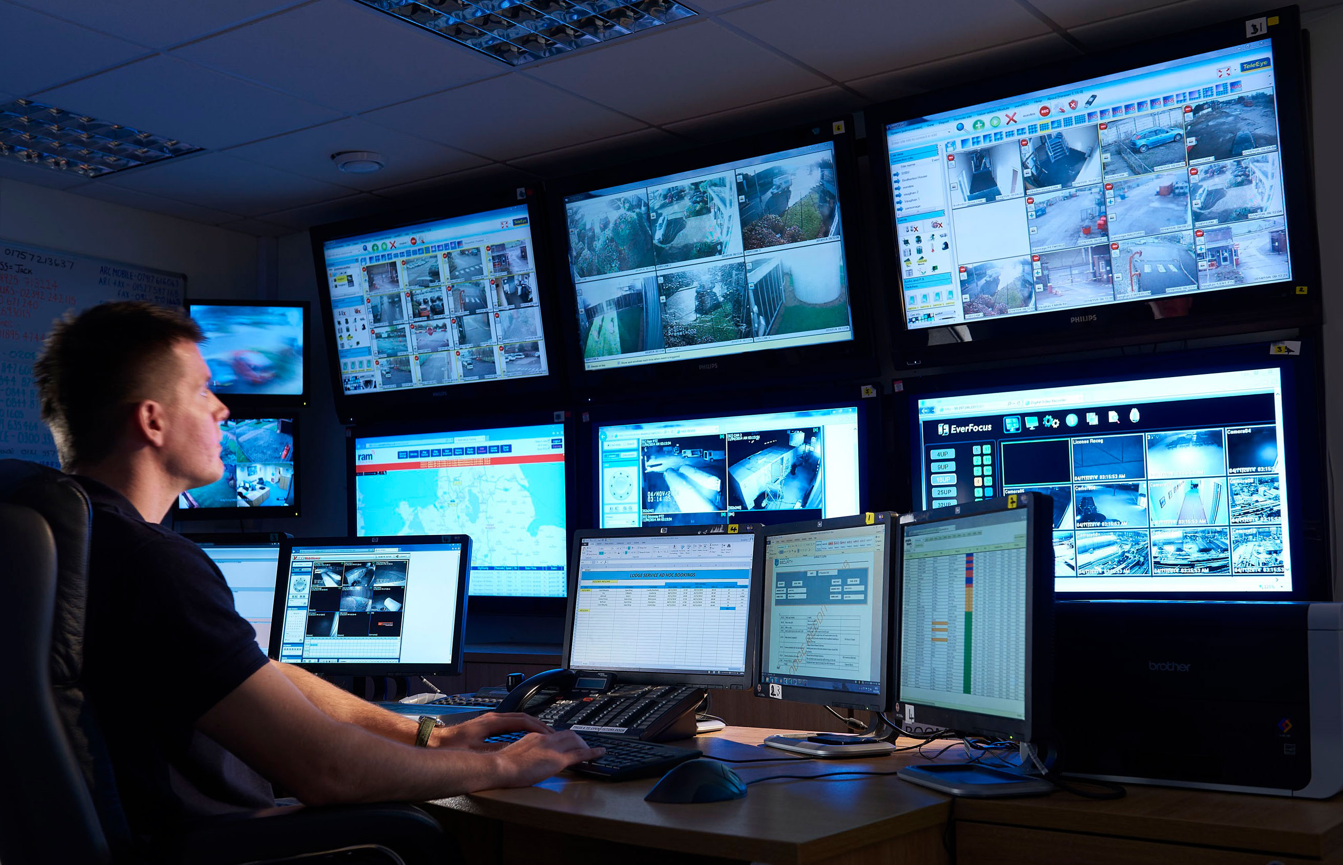 An operator using a security management system in a CCTV surveillance control room