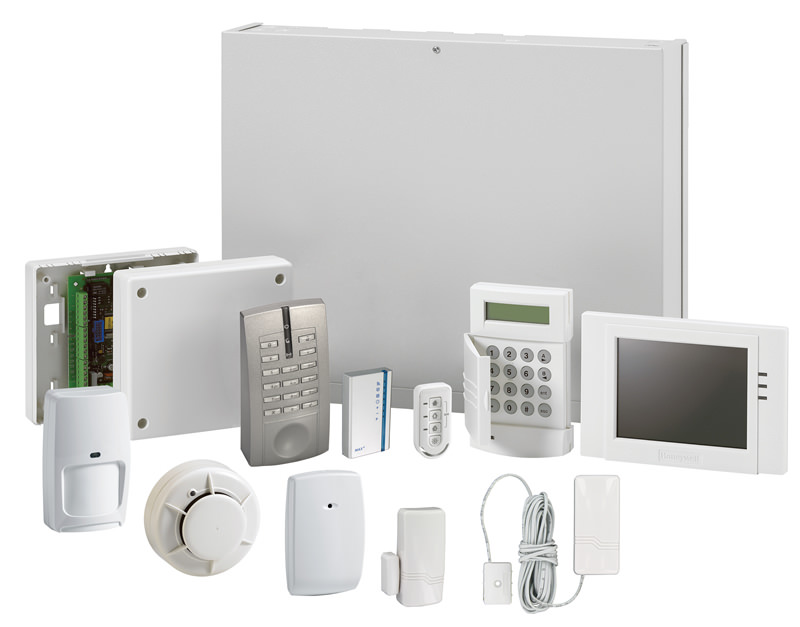 Complete intrusion detection system components including control panel, LCD keypad, sensors, motion detectors, and alarm sirens for full security coverage.