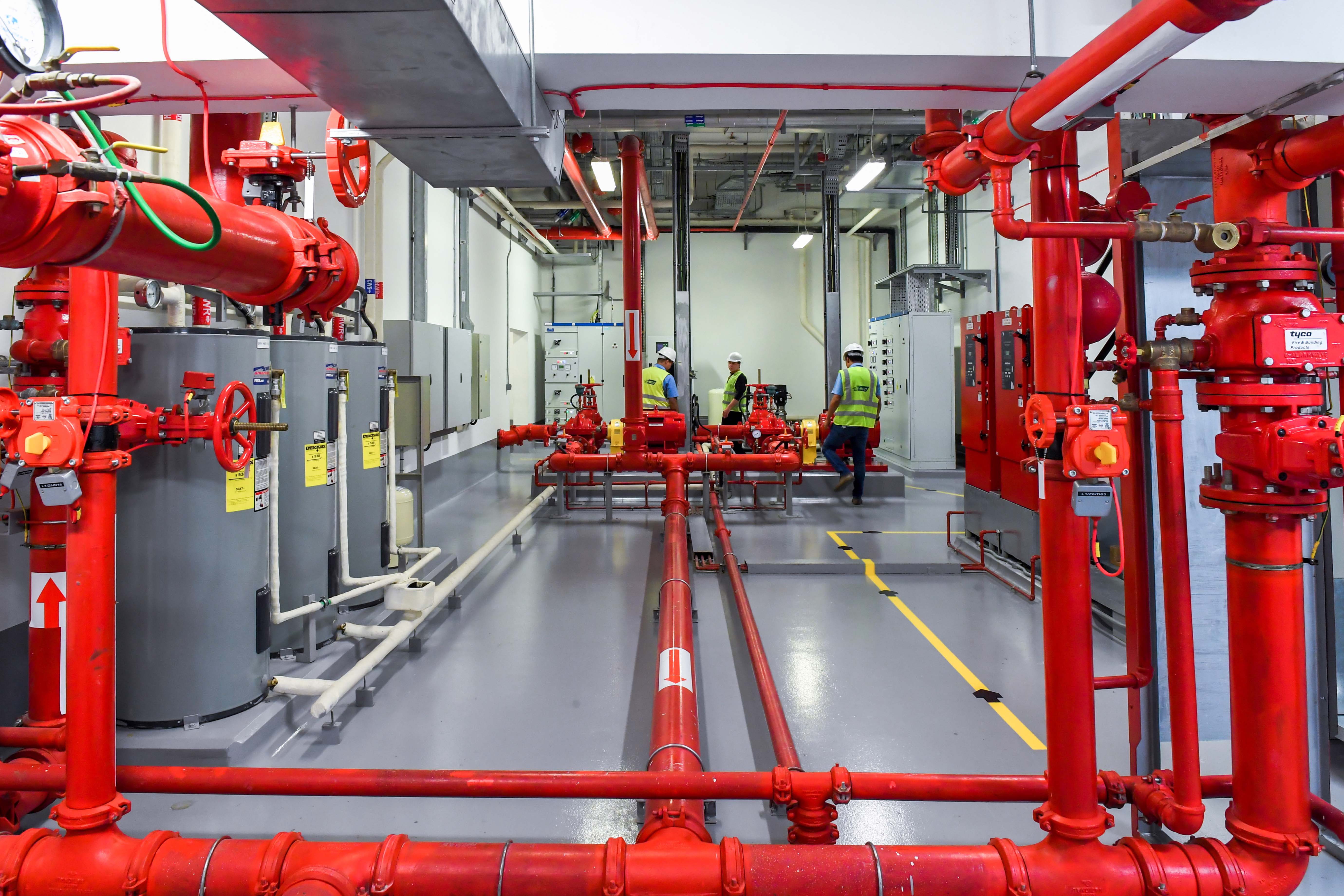 Extinguishing water supply and fire hydrant system setup for external firefighting and emergency response.