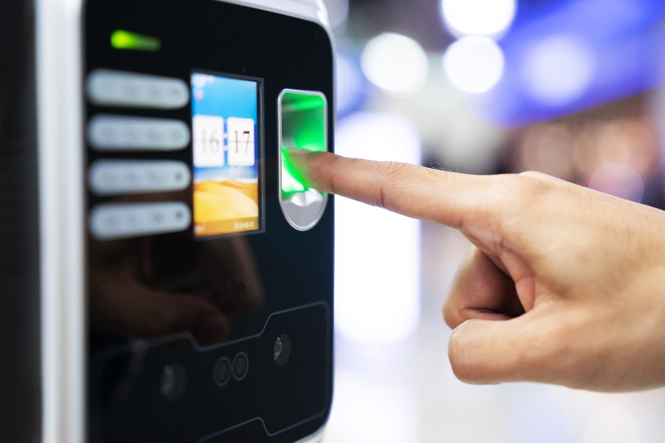 Scanning fingerprint on access control system with fingerprint, facial recognition, and pin code features to gain secure entry into a restricted area