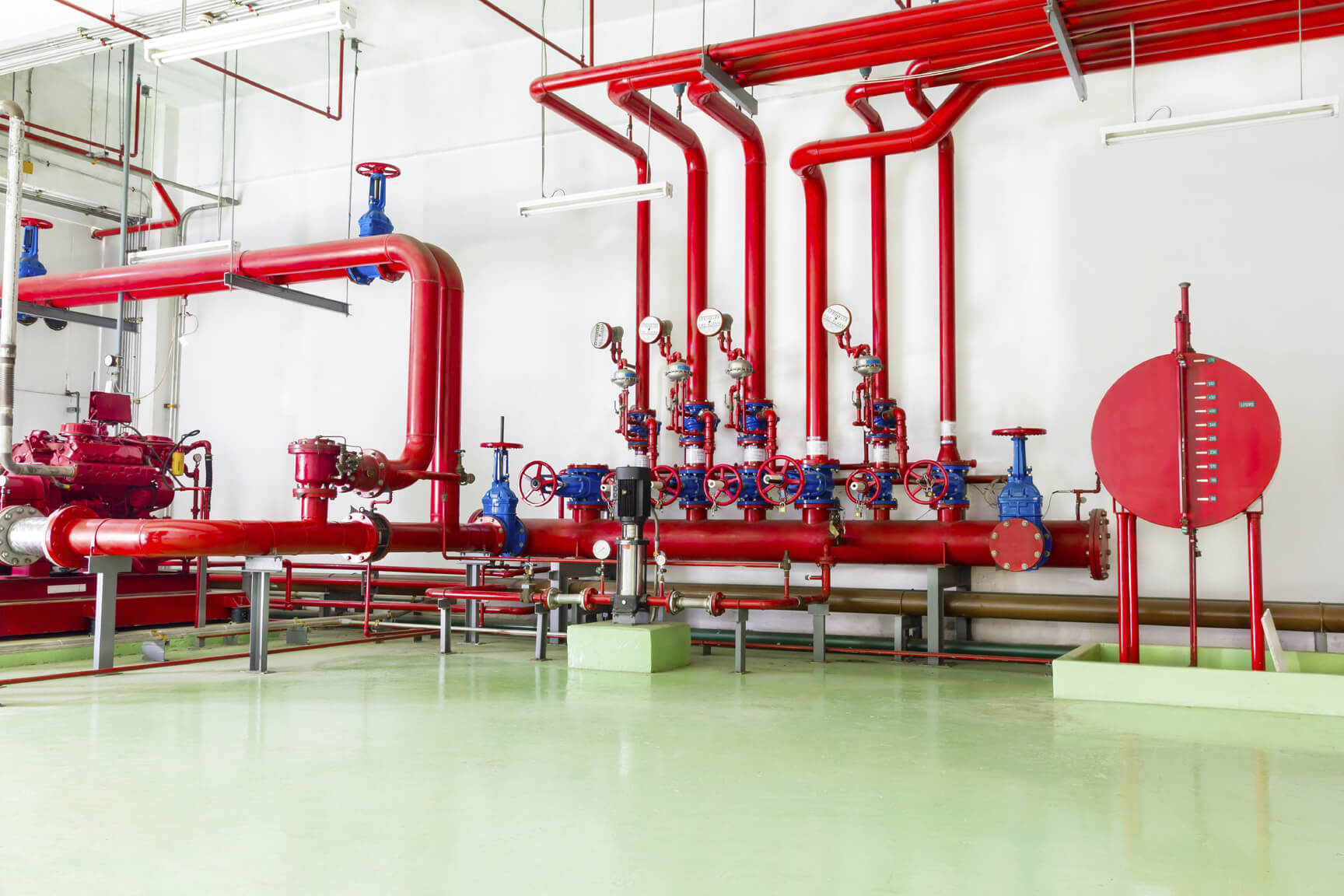 Fully installed fire protection and fire alarm system for building safety