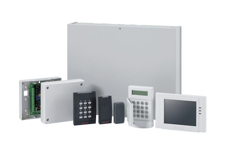 Intrusion detection system components including control panel, LCD keypad, motion detectors, and alarm sirens for full security coverage.