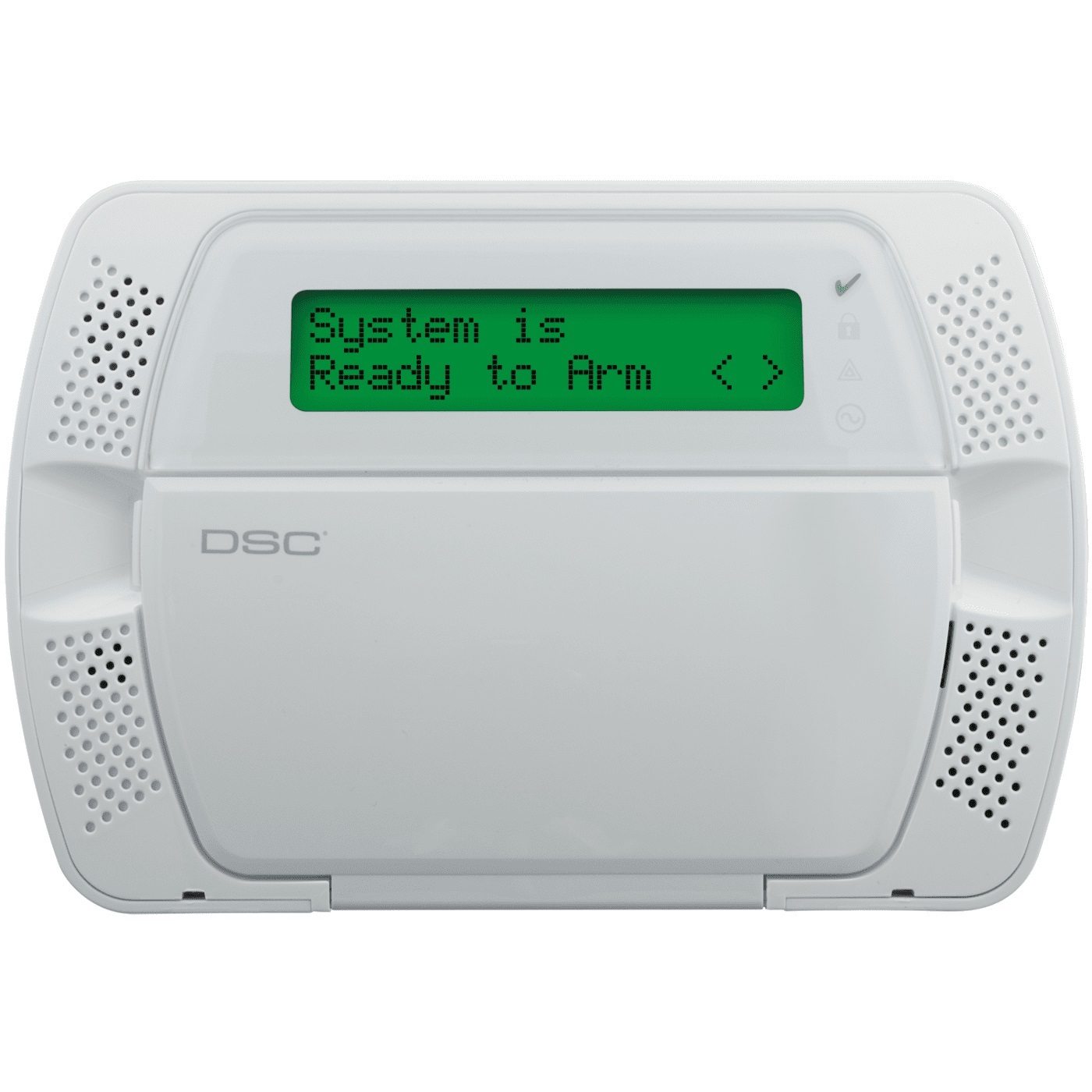 LCD keypad of intrusion detection system displaying security status and controls for arming and disarming the alarm system.