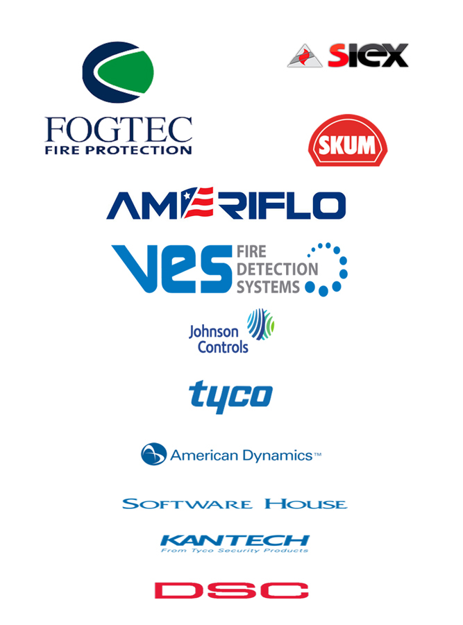 Partner logos of leading security and fire protection brands including Johnson Controls, DSC, Fogtec, VES, SIEX, SKUM, Cisco, American Dynamics, Tyco, Kantech, Software House, and Ameriflo.