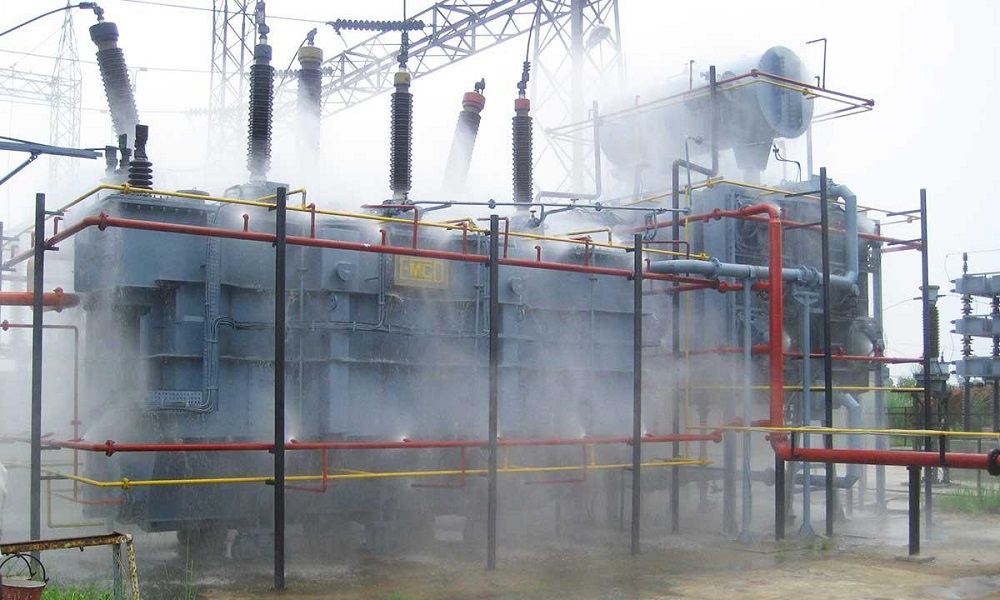 Active water-based fire suppression system spraying water to control and extinguish fire in protected area